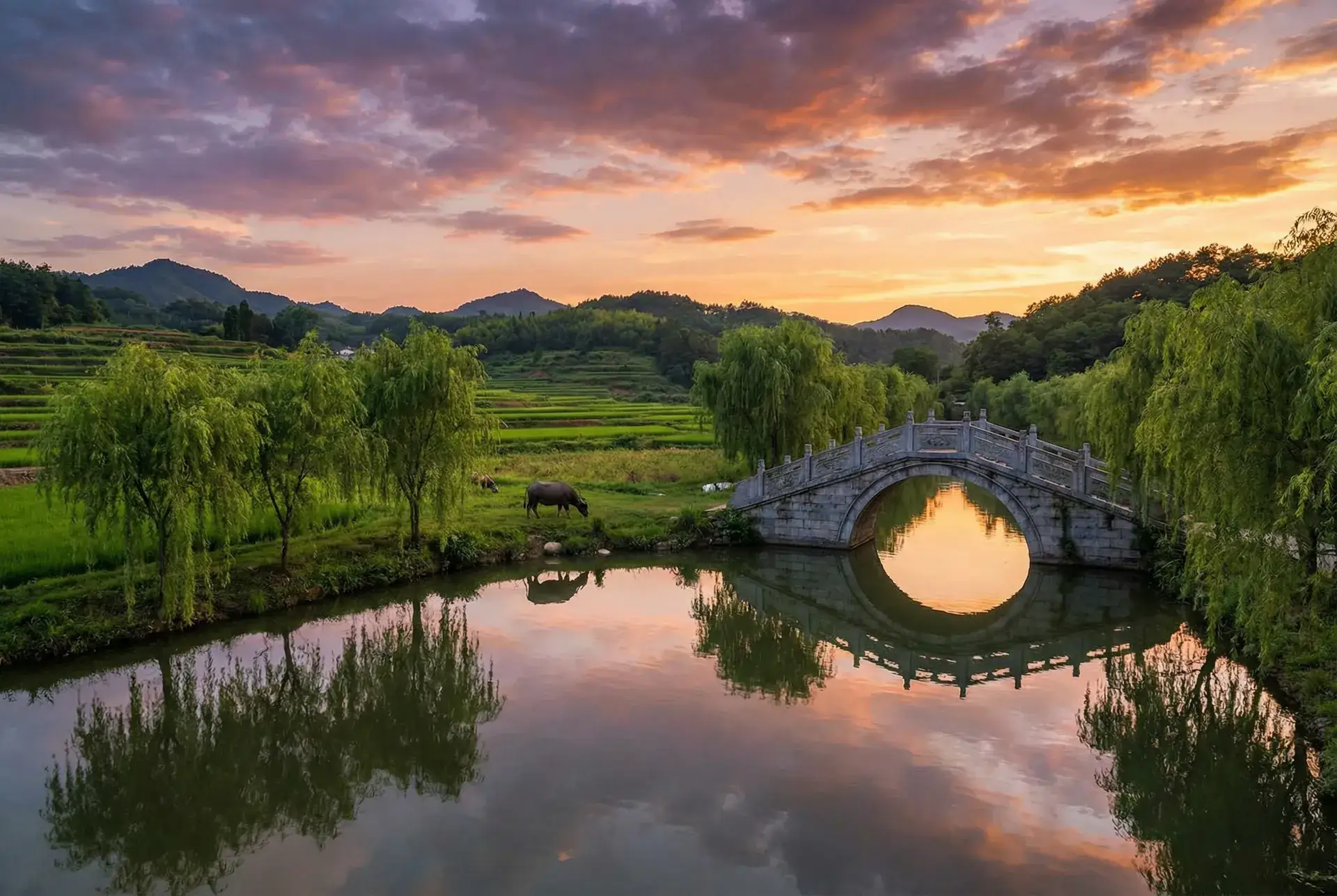 夕阳下的石拱桥与垂柳，水牛在河边吃草 - 色欲迷墙迅雷下载 乡村美景